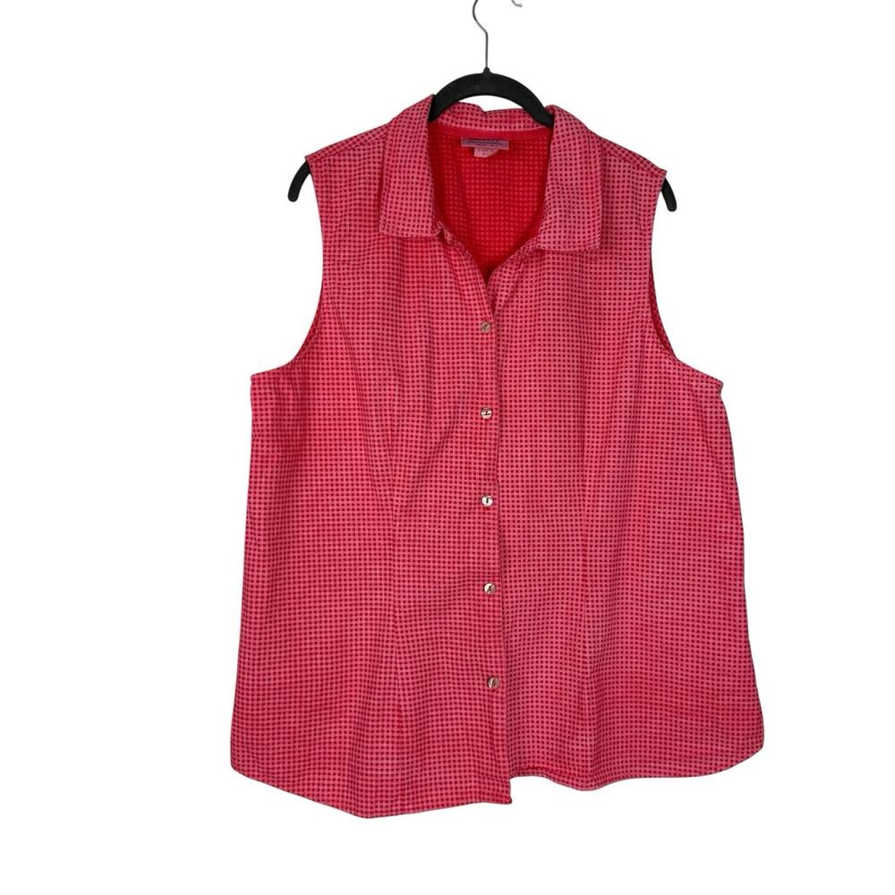 Fresh Produce Sleeveless Button Up Shirt Women XL Pink Red Gingham Check Cotton